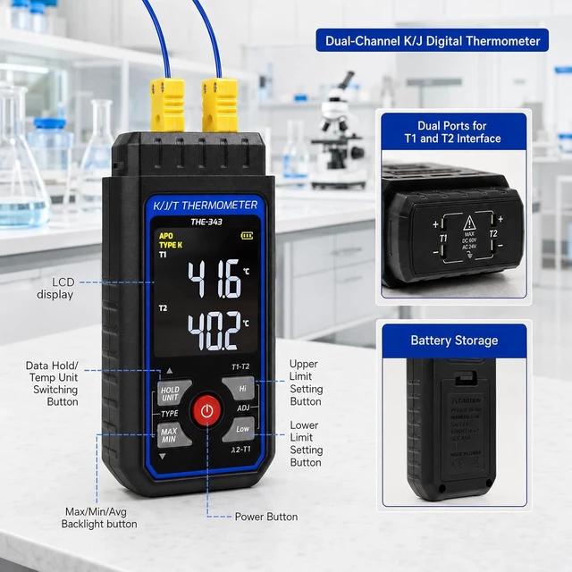 Alt view image 7 of 7 - Digital Dual-Channel K-Type Thermocouple Thermometer with 1 HVAC Clamp & 2 Wired Probes, Backlight & ADJ Compensation (-328~2500)
