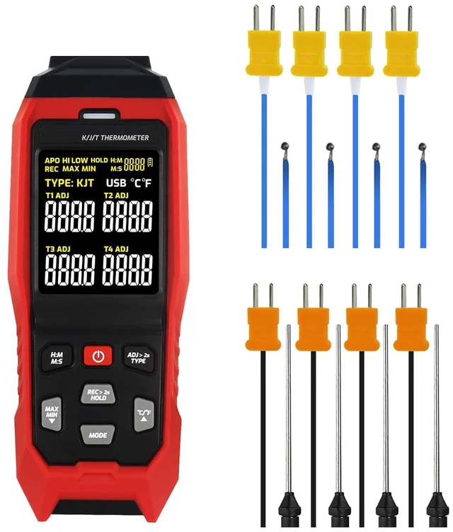 Main image of 4-Channel K/J/T Thermocouple Thermometer Data Logger, -328~2501 Industrial High/Low HVAC USB Temperature Meter with ADJ Compensation & 8 K-Type Probes