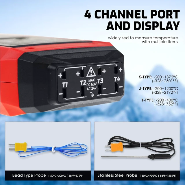 Alt view image 2 of 7 - 4-Channel K/J/T Thermocouple Thermometer Data Logger, -328~2501 Industrial High/Low HVAC USB Temperature Meter with ADJ Compensation & 8 K-Type Probes