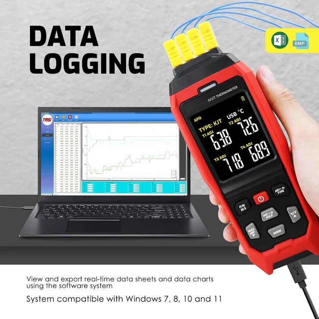 Alt view image 3 of 7 - 4-Channel K/J/T Thermocouple Thermometer Data Logger, -328~2501 Industrial High/Low HVAC USB Temperature Meter with ADJ Compensation & 8 K-Type Probes