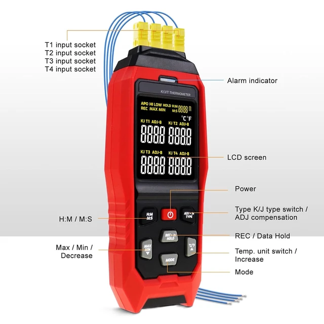 Alt view image 7 of 7 - 4-Channel K/J/T Thermocouple Thermometer Data Logger, -328~2501 Industrial High/Low HVAC USB Temperature Meter with ADJ Compensation & 8 K-Type Probes