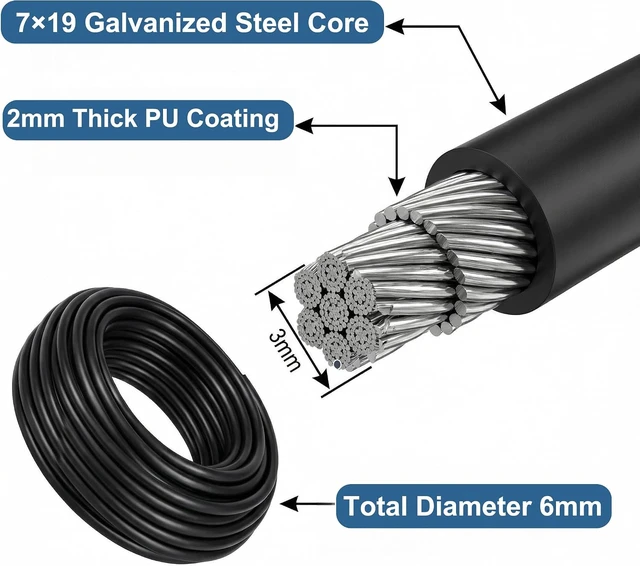 Alt view image 2 of 7 - Replacement Cable for Pulley Cable Machine, 32.8Ft/98.4Ft 3/16"(5mm)/1/4"(6mm) TPU-Coated Gym Steel Cable for Weight Lifting Pulley System, DIY Home Gym