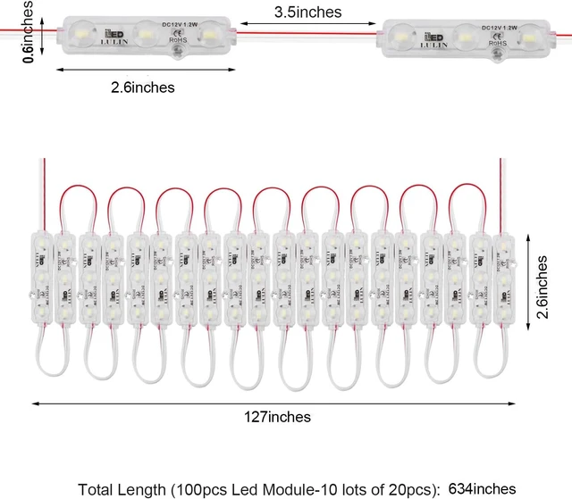 Alt view image 4 of 7 - 100 PCS Waterproof Super-Bright White LED Module Strip Lights, 53FT DC12V 3-LED Module for Letter/Advertising Signs with Tape Adhesive Back