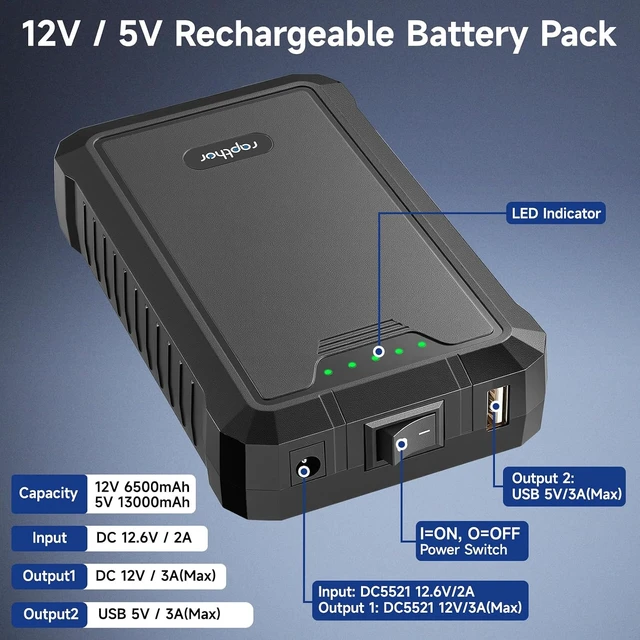 Alt view image 2 of 7 - Rechargeable 12V 6500mAh / 5V 13000mAh DC Output Battery Pack