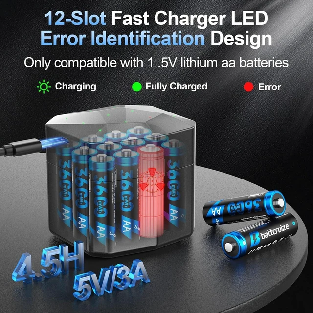 Alt view image 4 of 6 - 12-Pack AA Lithium Rechargeable Batteries with 12-Slot Charger