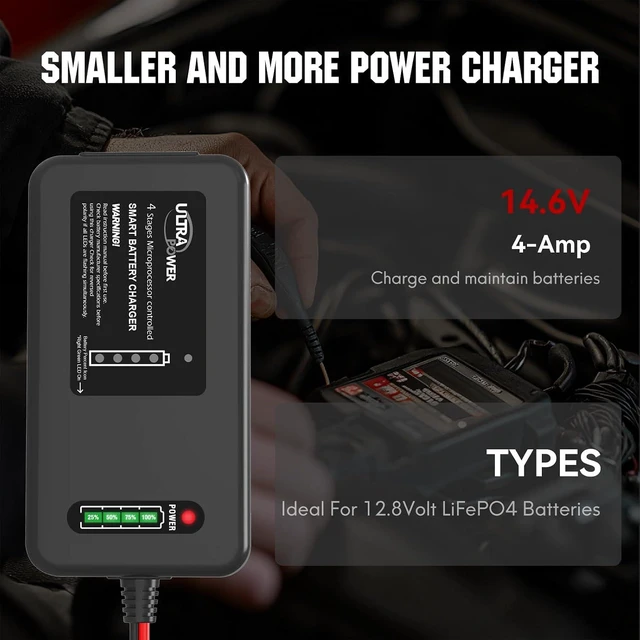 Alt view image 2 of 7 - ULTRAPOWER 14.6V 4A LiFePO4 Battery Charger Smart Lithium Charger with 4-LED Indicator for Cars, Motorcycles, Golf Trolley, UAV, Fishing Boat & Deep-Cycle Batteries (ETL Listed)