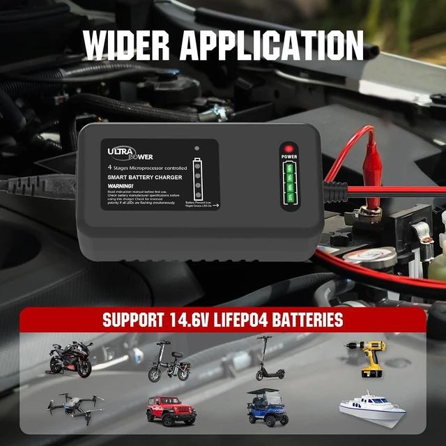 Alt view image 6 of 7 - ULTRAPOWER 14.6V 4A LiFePO4 Battery Charger Smart Lithium Charger with 4-LED Indicator for Cars, Motorcycles, Golf Trolley, UAV, Fishing Boat & Deep-Cycle Batteries (ETL Listed)