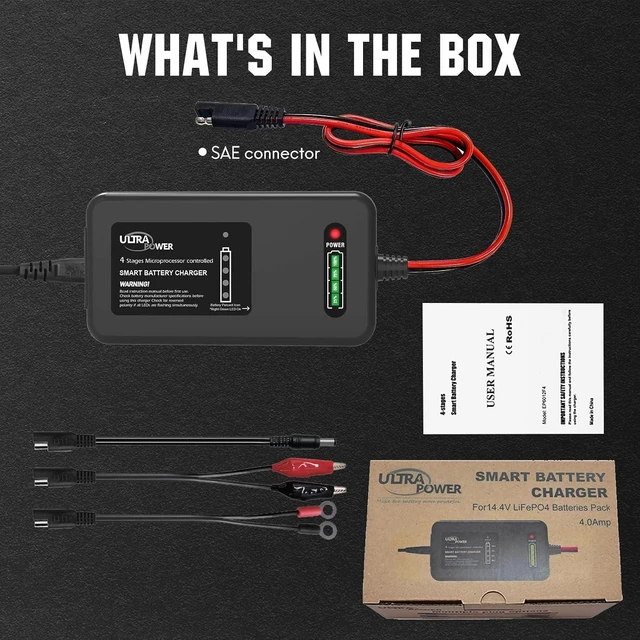 Alt view image 7 of 7 - ULTRAPOWER 14.6V 4A LiFePO4 Battery Charger Smart Lithium Charger with 4-LED Indicator for Cars, Motorcycles, Golf Trolley, UAV, Fishing Boat & Deep-Cycle Batteries (ETL Listed)
