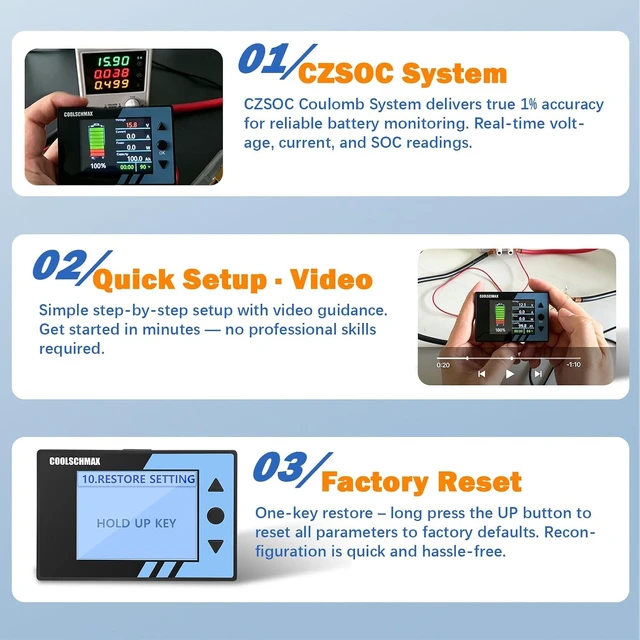 Alt view image 6 of 7 - 300A Battery Monitor with Shunt 2.4" TFT LCD Coulomb Meter