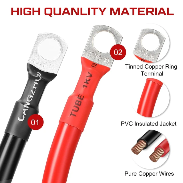 Alt view image 5 of 7 - 12 PCS 6-Inch 2 AWG Battery Cables with 3/8" M10 Lug Terminals