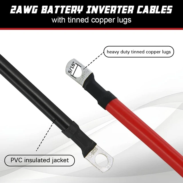 Alt view image 2 of 7 - 3FT 2 AWG (2 Gauge) Pure Copper Battery Inverter Cables with 5/16" Lugs Both Ends Parallel Wire Set for Automotive, Solar Inverter, Marine, Boat, RV, Car & Motorcycle