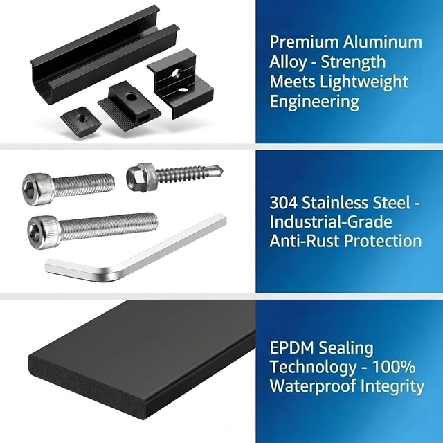 Alt view image 3 of 6 - Solar Panel Roof Mounting Kit for 1.18"/1.38" Thick Panels 10 Aluminum Rails, 4 Mid Clamps & 6 End Clamps, Compatible with Metal, Tin, Flat & Sheet Roofs and RV