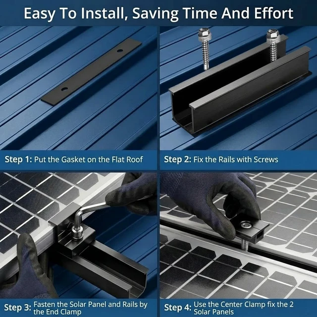 Alt view image 4 of 6 - Solar Panel Roof Mounting Kit for 1.18"/1.38" Thick Panels 10 Aluminum Rails, 4 Mid Clamps & 6 End Clamps, Compatible with Metal, Tin, Flat & Sheet Roofs and RV