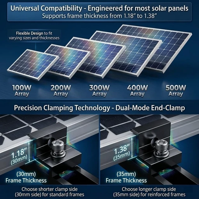Alt view image 5 of 6 - Solar Panel Roof Mounting Kit for 1.18"/1.38" Thick Panels 10 Aluminum Rails, 4 Mid Clamps & 6 End Clamps, Compatible with Metal, Tin, Flat & Sheet Roofs and RV