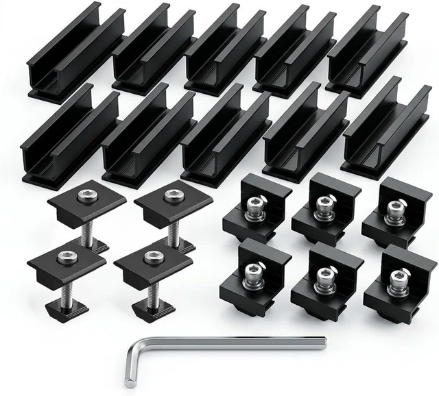 Main image of Solar Panel Roof Mounting Kit for 1.18"/1.38" Thick Panels 10 Aluminum Rails, 4 Mid Clamps & 6 End Clamps, Compatible with Metal, Tin, Flat & Sheet Roofs and RV