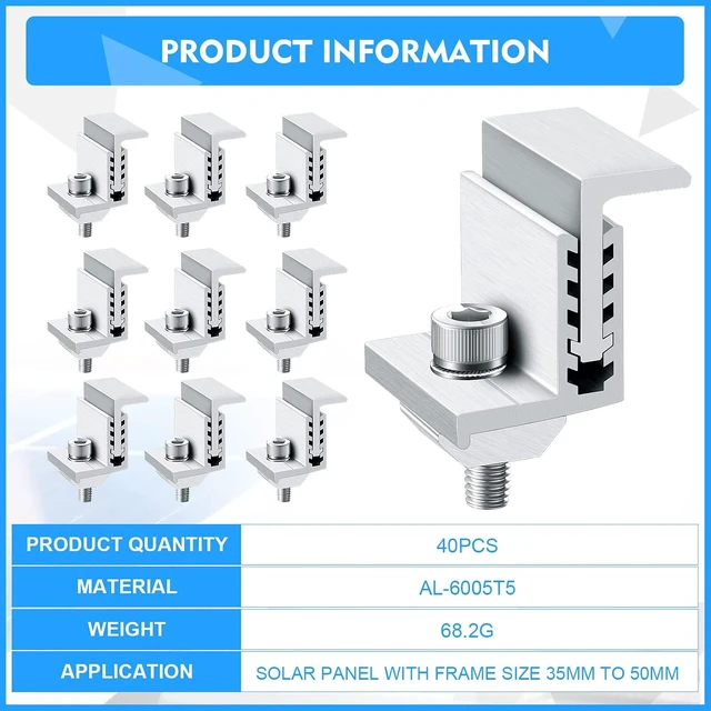 Alt view image 7 of 7 - 40-Pack Solar Panel End Clamp Mounting Kit Z Brackets, Mid Clamps, Aluminum Rail End Clamps & Grounding Gutter Hardware for PV Mounting System Installation