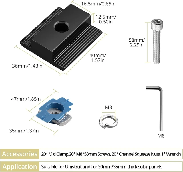 Alt view image 3 of 7 - 20 PCS Black Solar Panel Mid Clamps for Unistrut, 30mm/35mm