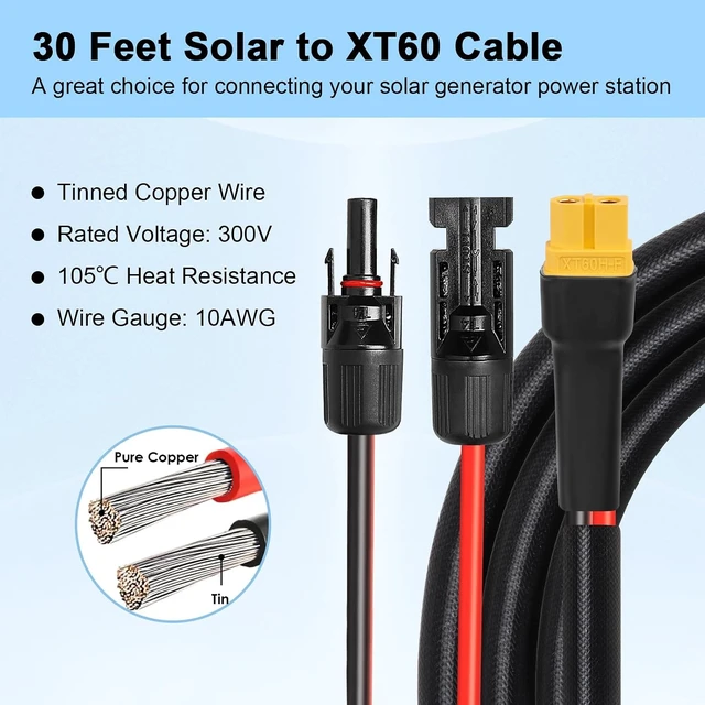 Alt view image 3 of 7 - 10AWG 30FT Solar to XT60 Adapter Cable Solar Panel to Battery for RV, Portable Power Station & Solar Generator