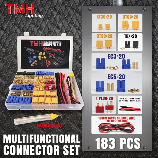 Alt view image 2 of 5 - 183 PCS T-Plug EC3 EC5 XT30 XT60 XT90 TRX-Plug Male & Female Adapter Connector Kit with Silicone Wire & Heat Shrink for RC ESC LiPo Battery & Motor