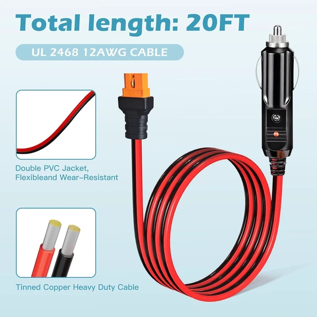 Alt view image 4 of 7 - XT60i 12AWG 20Amp Car Charge Cable 12V/24V Cigarette Lighter Plug to XT60i Cord for Power Stations & Solar Generators (20FT)