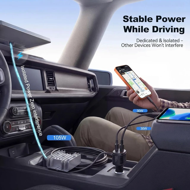 Alt view image 3 of 7 - 105W Boost Starlink Mini Car Adapter Stops Reboots & Power-Supply Damage, 12V24V Cigarette Lighter Adapter with Digital Display DC Cable for Car, RVs & Boats (16.4FT)