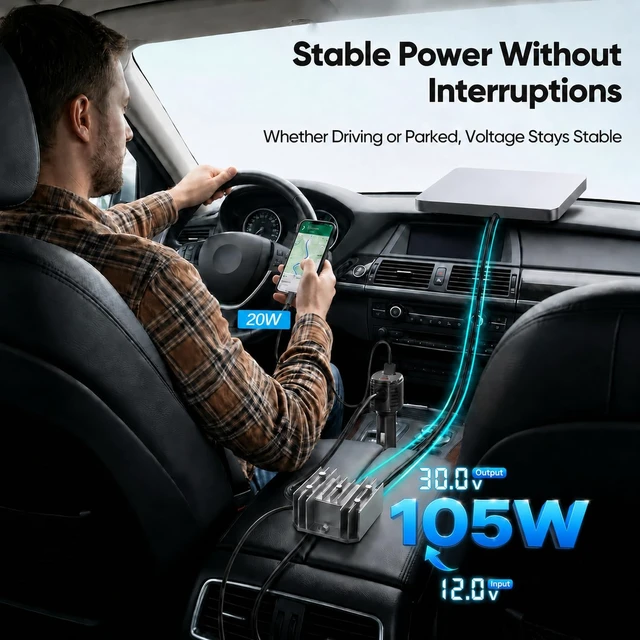 Alt view image 2 of 7 - 105W Boost Car Adapter for Starlink Mini Prevents Unexpected Reboots, 12V24V to 30V DC Power Cable + Cigarette Lighter Adapter with Digital Display for Car, RVs & Boats (10FT)