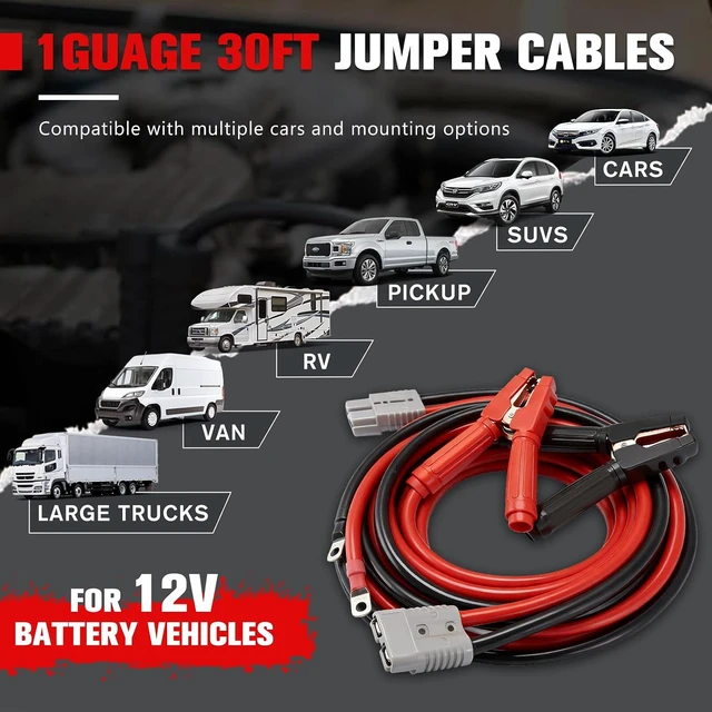 Alt view image 2 of 7 - 1 Gauge 30FT Quick-Connect Jumper Cables 1000A Heavy-Duty Booster Cables with Travel Bag for Truck, Diesel, SUV & Car