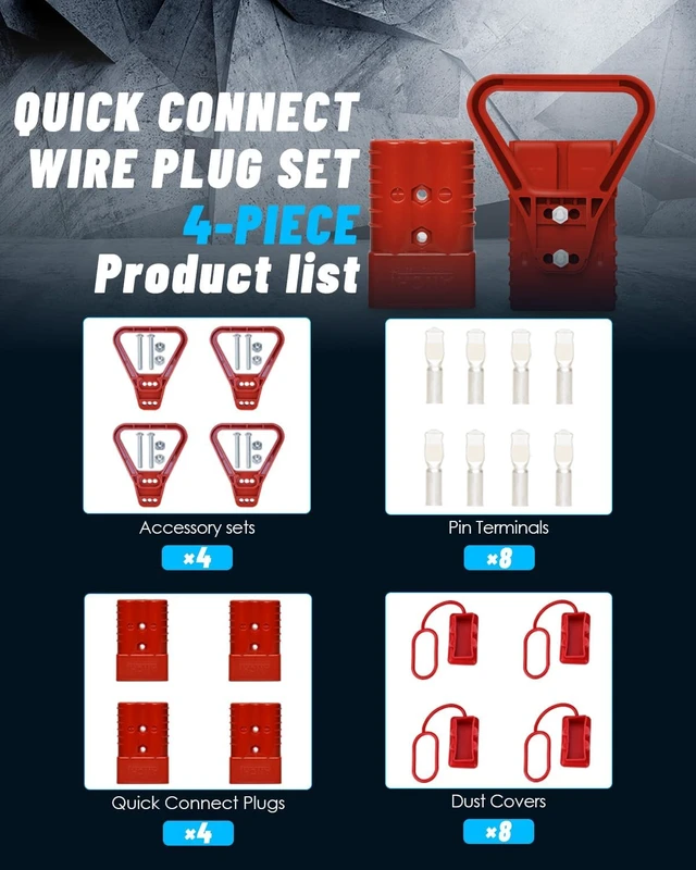 Alt view image 5 of 7 - 350 Amp Connector Kit 4 PCS Quick Connect/Disconnect Plugs, 600V, 4 Handles & 4 Dust Covers for 2/0 AWG (350A Red)