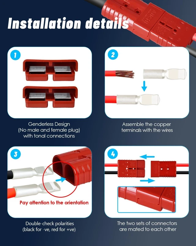 Alt view image 7 of 7 - 350 Amp Connector Kit 4 PCS Quick Connect/Disconnect Plugs, 600V, 4 Handles & 4 Dust Covers for 2/0 AWG (350A Red)