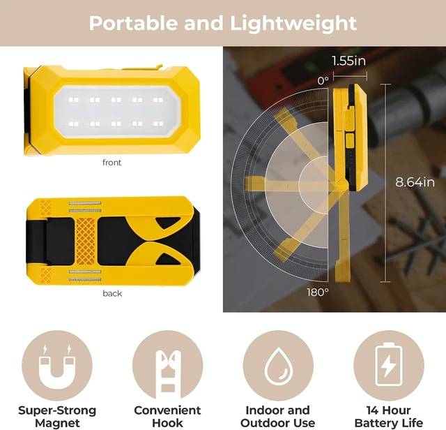 Alt view image 4 of 7 - Worklite Pro LED Rechargeable Magnetic Work Light 2.5W, 1500 Lumens, 4000mAh, 8+ Hrs per Charge, Hanging Hook & 3 Modes for Camping, Working & Emergency