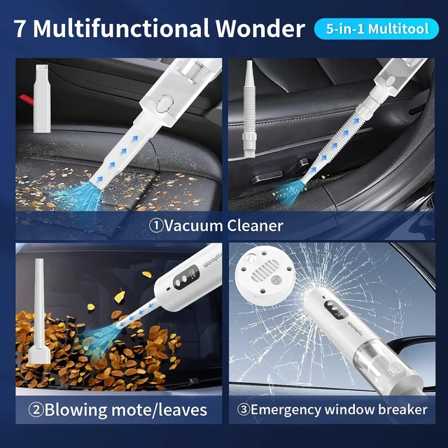 Alt view image 2 of 7 - 16000Pa Cordless Handheld Car Vacuum 5-in-1 Mini Vacuum Cleaner & Air Duster, Rechargeable with LED Flashlight & Window Hammer for Car, Pet, Kitchen & House
