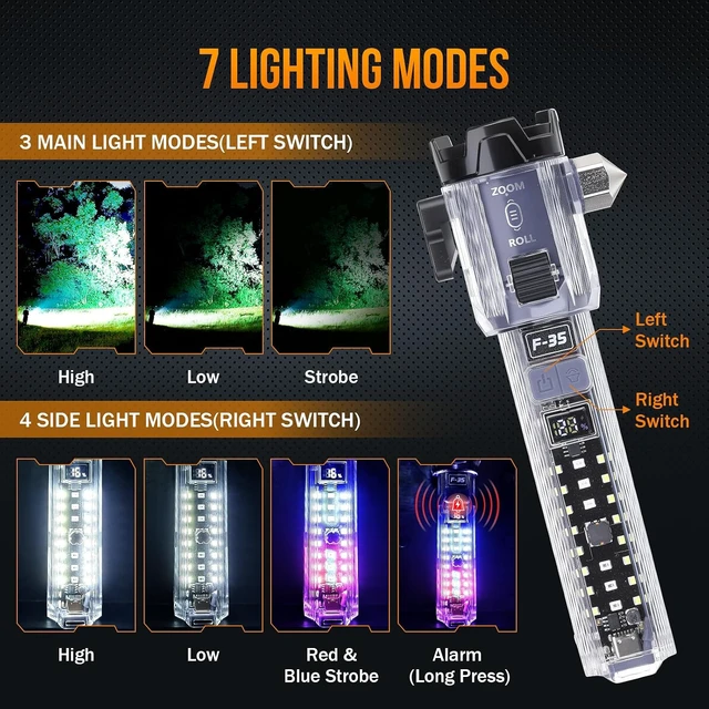 Alt view image 2 of 7 - 2-Pack Rechargeable Car Emergency Flashlight 990,000 Lumen, 7-Mode Tactical LED with Window Breaker, Belt Cutter, Alarm Buzzer, Magnet & USB-C