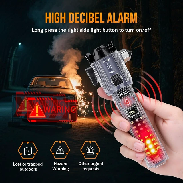 Alt view image 3 of 7 - 2-Pack Rechargeable Car Emergency Flashlight 990,000 Lumen, 7-Mode Tactical LED with Window Breaker, Belt Cutter, Alarm Buzzer, Magnet & USB-C