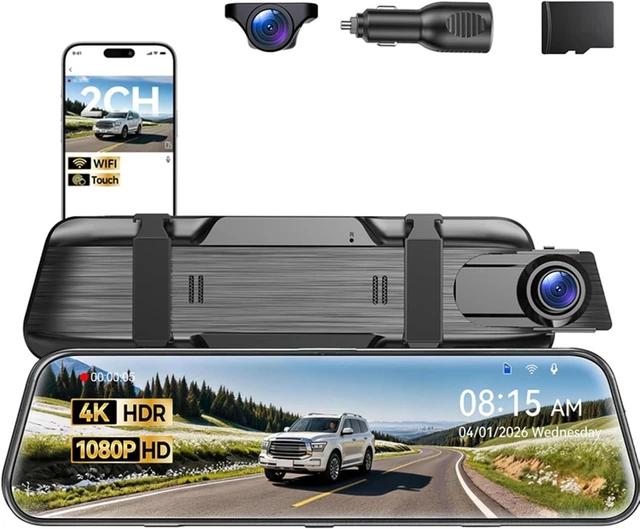 Main image of 4K 10" Mirror Dash Cam FHD Full Touch Screen, Front & Rear Cameras with WiFi & Night Vision, Streaming Media, Wide Angle Parking Assist, Free 32GB