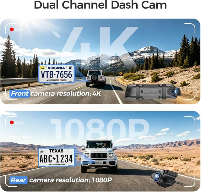 Alt view image 2 of 7 - 4K 10" Mirror Dash Cam FHD Full Touch Screen, Front & Rear Cameras with WiFi & Night Vision, Streaming Media, Wide Angle Parking Assist, Free 32GB