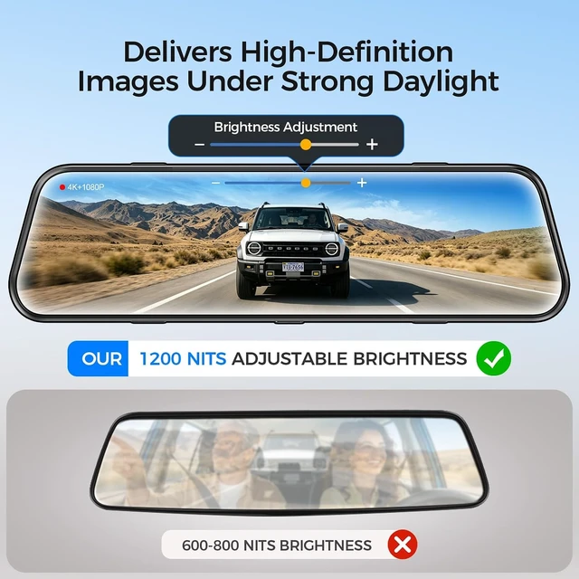 Alt view image 4 of 7 - 4K 10" Mirror Dash Cam FHD Full Touch Screen, Front & Rear Cameras with WiFi & Night Vision, Streaming Media, Wide Angle Parking Assist, Free 32GB