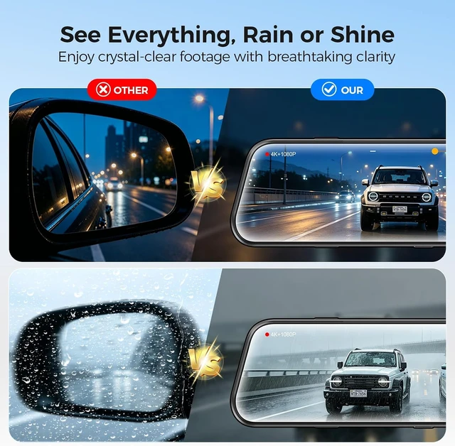 Alt view image 5 of 7 - 4K 10" Mirror Dash Cam FHD Full Touch Screen, Front & Rear Cameras with WiFi & Night Vision, Streaming Media, Wide Angle Parking Assist, Free 32GB