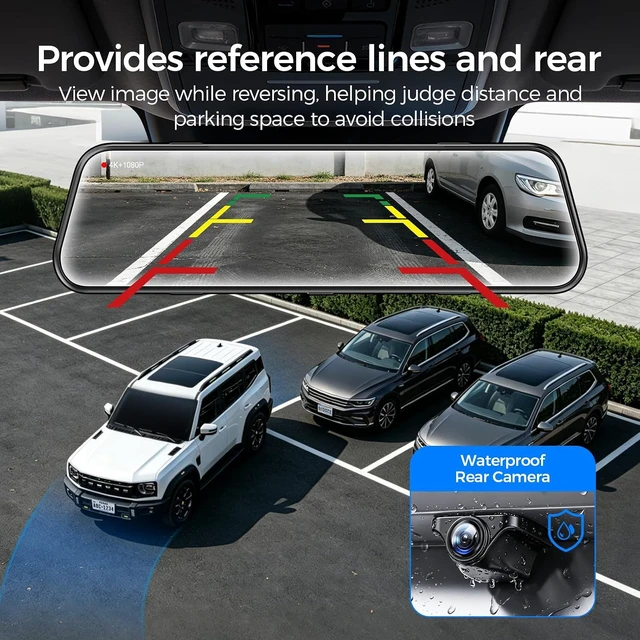 Alt view image 6 of 7 - 4K 10" Mirror Dash Cam FHD Full Touch Screen, Front & Rear Cameras with WiFi & Night Vision, Streaming Media, Wide Angle Parking Assist, Free 32GB