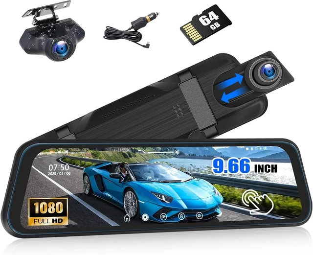 Main image of 9.66" Mirror Dash Cam 1080P Full HD Front & Rear Dual-Lens Camera with Night Vision, Loop Recording, Streaming Media, Motion Detection & Parking Monitor, Free 64GB TF Card