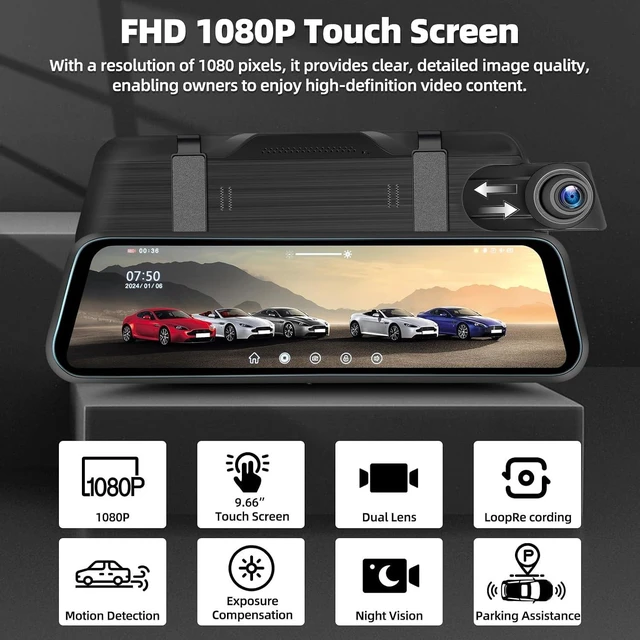 Alt view image 2 of 7 - 9.66" Mirror Dash Cam 1080P Full HD Front & Rear Dual-Lens Camera with Night Vision, Loop Recording, Streaming Media, Motion Detection & Parking Monitor, Free 64GB TF Card