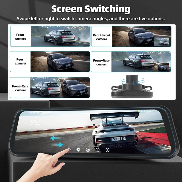 Alt view image 3 of 7 - 9.66" Mirror Dash Cam 1080P Full HD Front & Rear Dual-Lens Camera with Night Vision, Loop Recording, Streaming Media, Motion Detection & Parking Monitor, Free 64GB TF Card