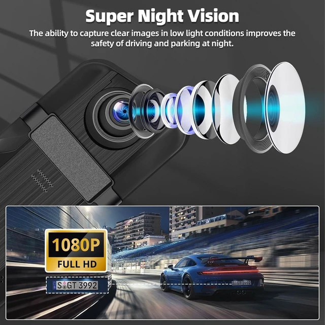 Alt view image 4 of 7 - 9.66" Mirror Dash Cam 1080P Full HD Front & Rear Dual-Lens Camera with Night Vision, Loop Recording, Streaming Media, Motion Detection & Parking Monitor, Free 64GB TF Card