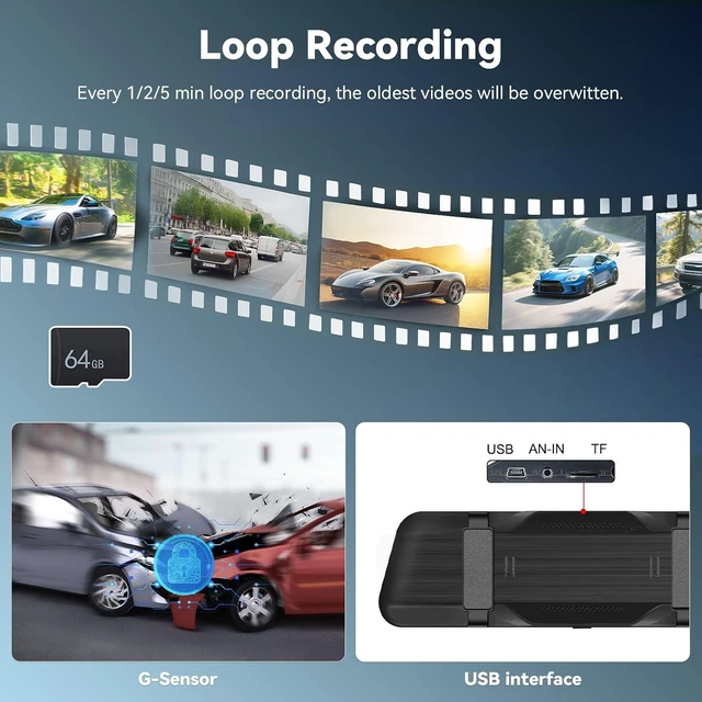 Alt view image 5 of 7 - 9.66" Mirror Dash Cam 1080P Full HD Front & Rear Dual-Lens Camera with Night Vision, Loop Recording, Streaming Media, Motion Detection & Parking Monitor, Free 64GB TF Card