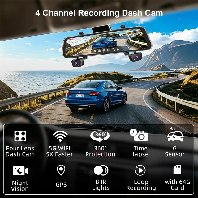 Alt view image 2 of 7 - 4-Channel 12" IPS Touch Mirror Dash Cam 5.8GHz WiFi GPS, 64GB SD Card