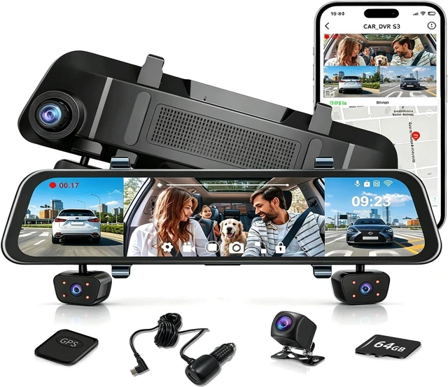 Main image of 4-Channel 12" IPS Touch Mirror Dash Cam 5.8GHz WiFi GPS, 64GB SD Card