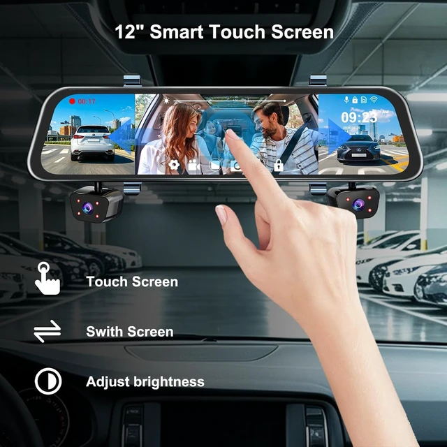 Alt view image 6 of 7 - 4-Channel 12" IPS Touch Mirror Dash Cam 5.8GHz WiFi GPS, 64GB SD Card