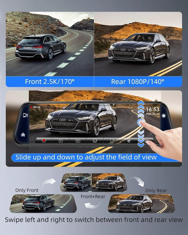 Alt view image 4 of 7 - 10" Mirror Dash Cam with Android Auto & CarPlay 2.5K Rear View Mirror Camera