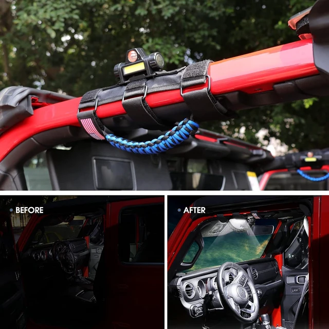 Alt view image 7 of 7 - Blue Roll Bar Grab Handles with Light for Jeep Wrangler TJ/JK/JL