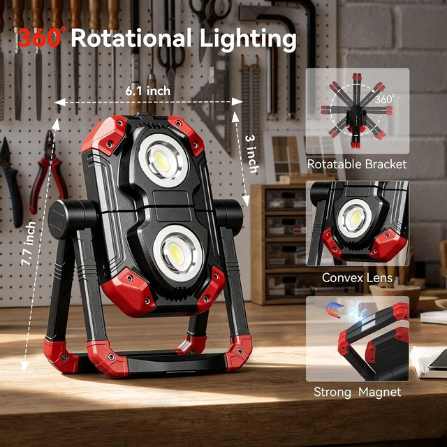 Alt view image 3 of 7 - M6 2-Pack Rechargeable LED Work Light, 2500LM Magnetic COB Shop Light