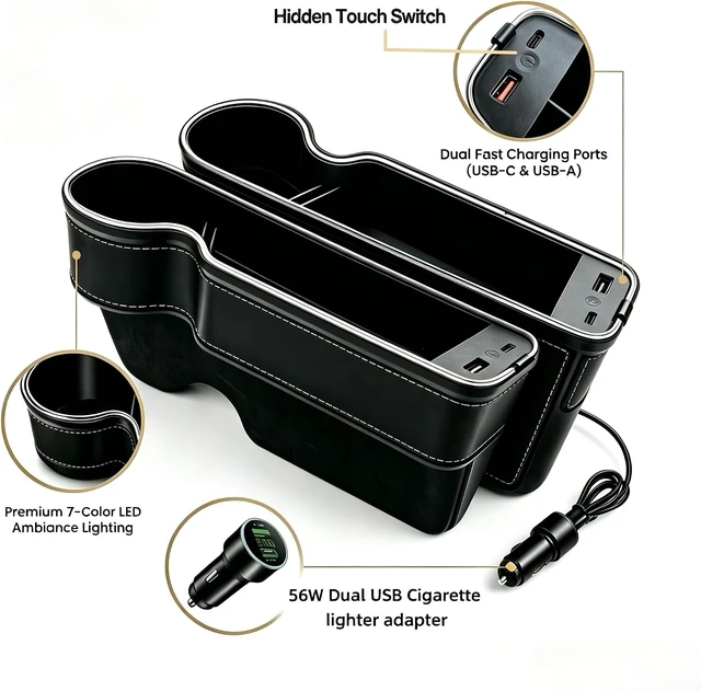Alt view image 3 of 7 - 7-Color LED Car Seat Gap Organizer with 56W Fast Charger, 2 Pieces